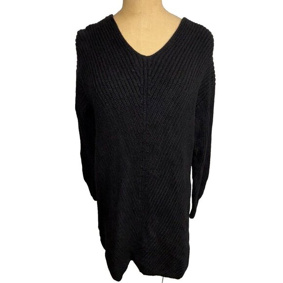 Aritzia Wilfred Sweater Dress Large Cable Knit 100% Merino Wool V Neck Black - Picture 10 of 13